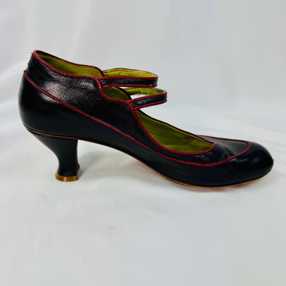 Black Leather Mary Jane Pumps Kitten Heel Red Piping Lisa Nading EU 40 US 9